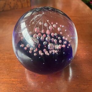 Cobalt Blue Clear & Pink Controlled Bubbles Glass Art glass Sphere Paperweight